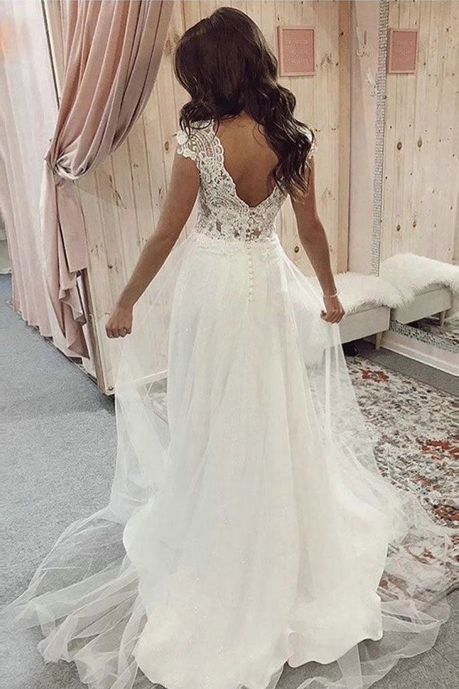 A Line V-Neck Tulle Beach Wedding Dresses with Lace N2361