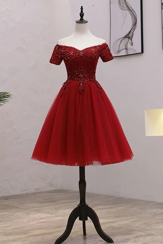 Off The Shoulder Burgundy Tea Length Short Sleeves Homecoming Dresses Y0251