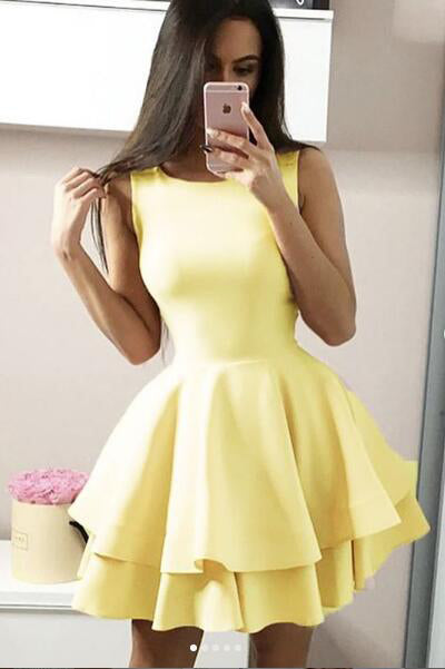 Yellow Two Layers Sleeveless Satin Mini Homecoming Dresses N2059
