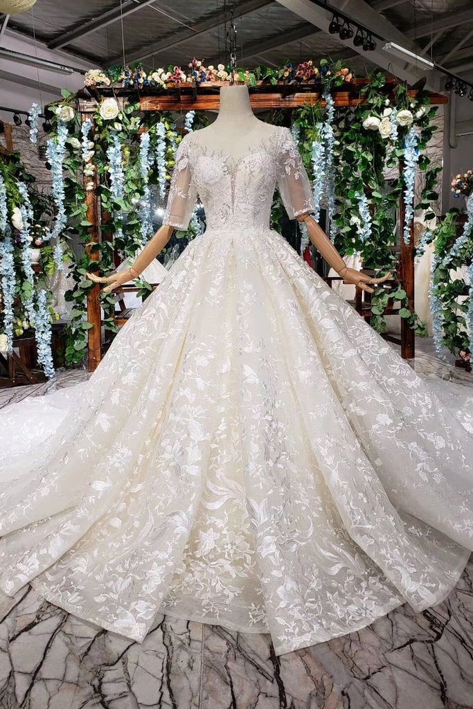 Gorgeous Lace Wedding Dresses with Half Sleeves Ball Gown Long Wedding Dresses N1625