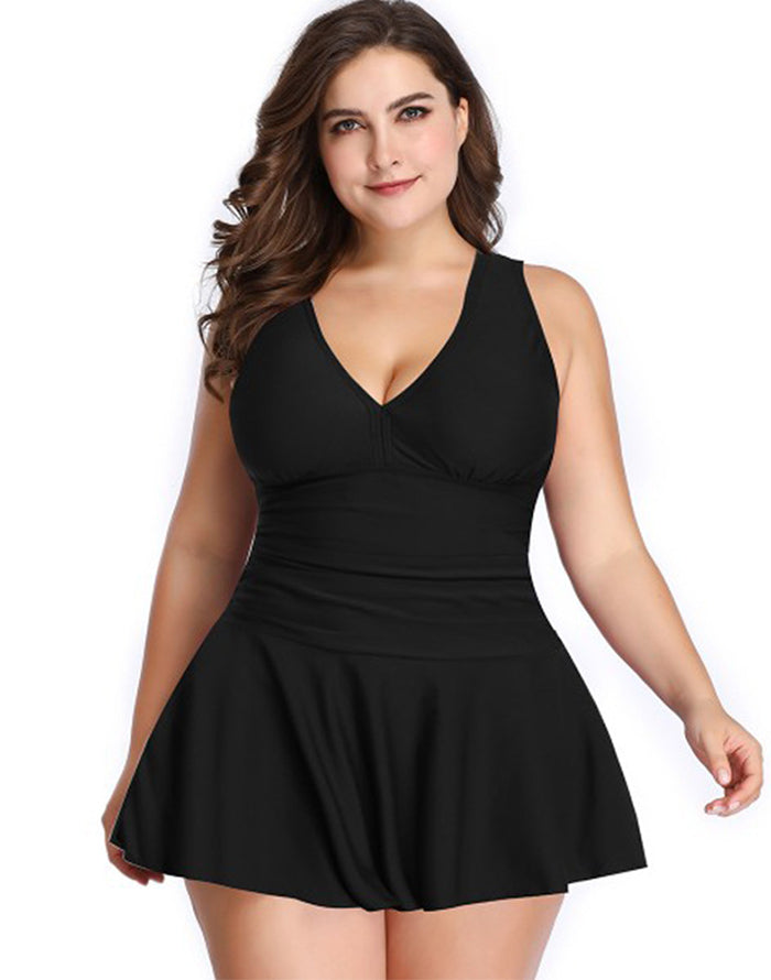 simiswim - Black V-Neck Skirt One Piece Swimdress