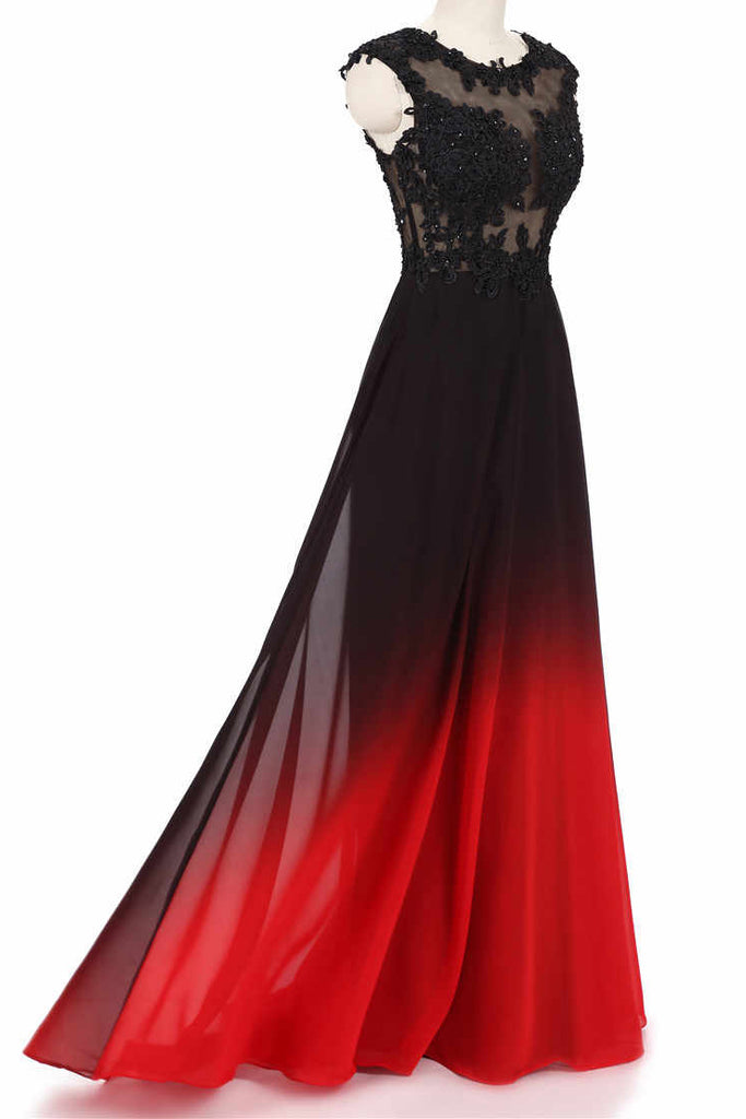 Black and Red Sleeveless Ombre Prom Dresses, A Line Lace Appliques ...