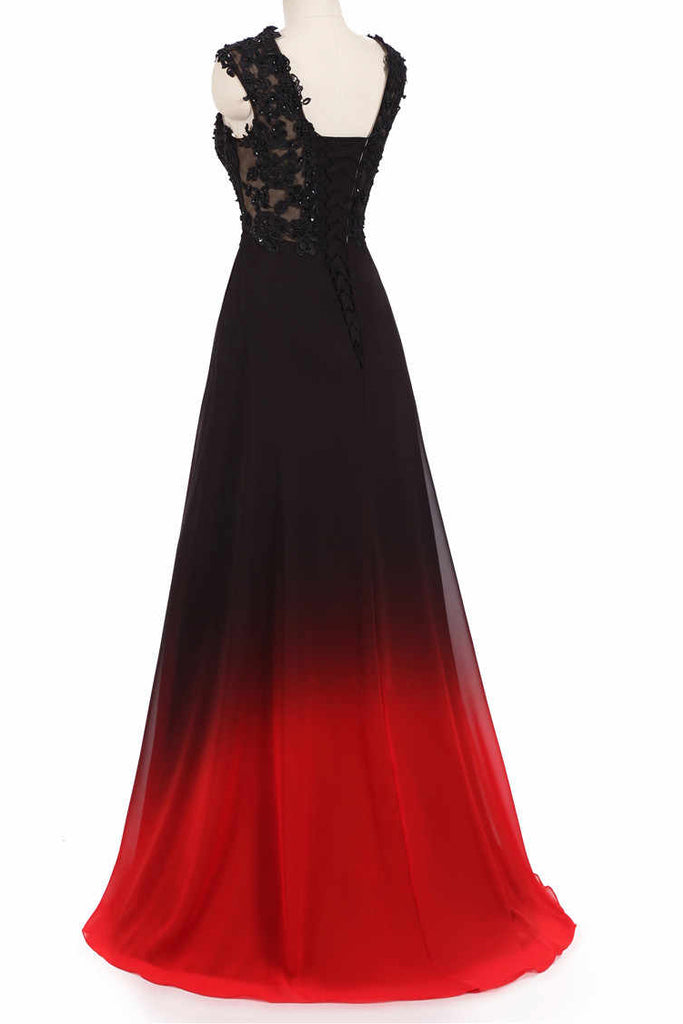Black and Red Sleeveless Ombre Prom Dresses, A Line Lace Appliques ...