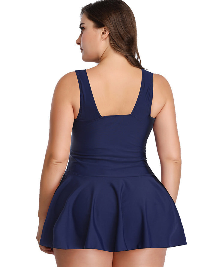 simiswim - Dark Blue V-Neck Skirt One Piece Swimdress