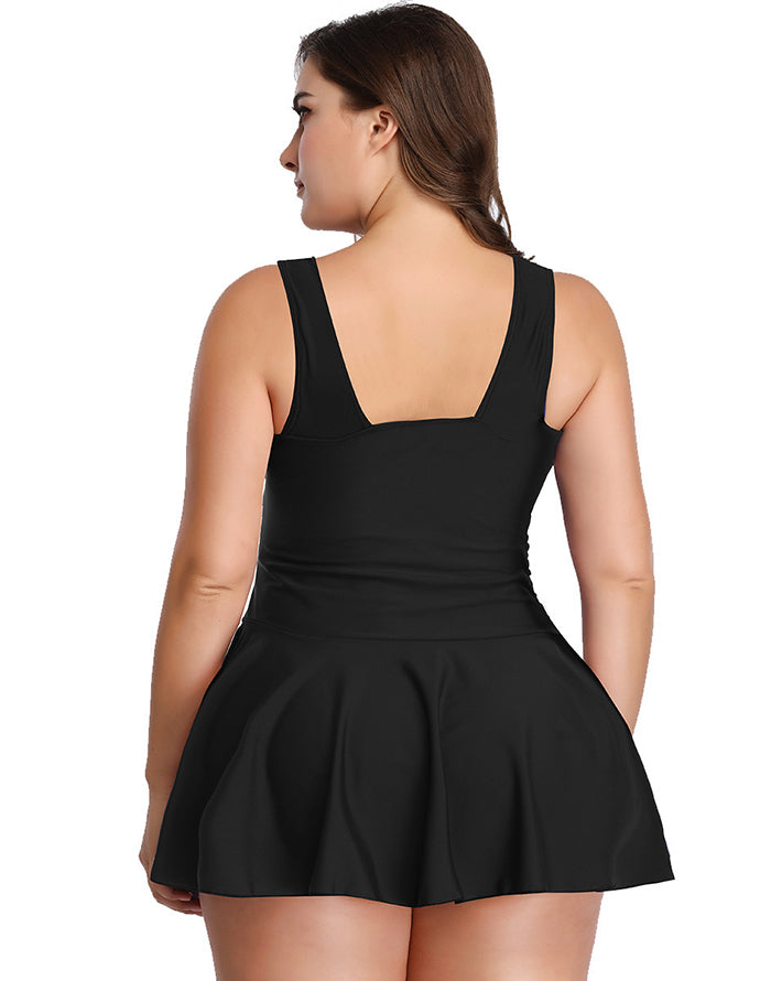 simiswim - Black V-Neck Skirt One Piece Swimdress