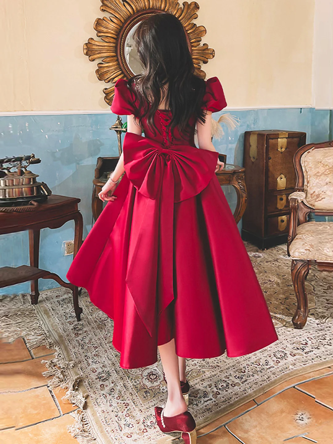 A-Line Satin Short Sleeve Prom Dresses with Bow N382