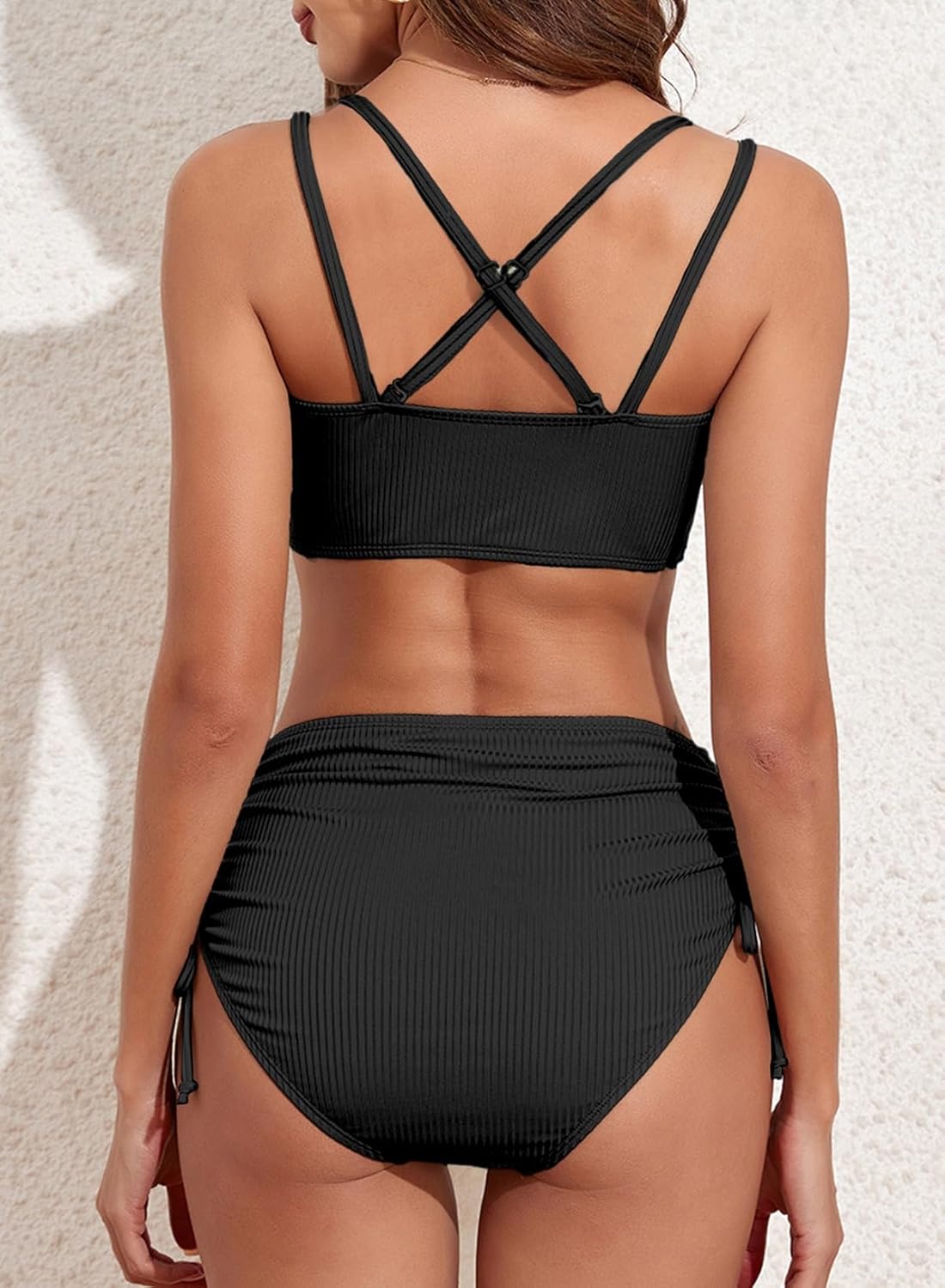 simiswim - Women's Bikini Sets Two Piece Swimsuit V Neck High Waisted Ruched Tummy Control Bathing Suit