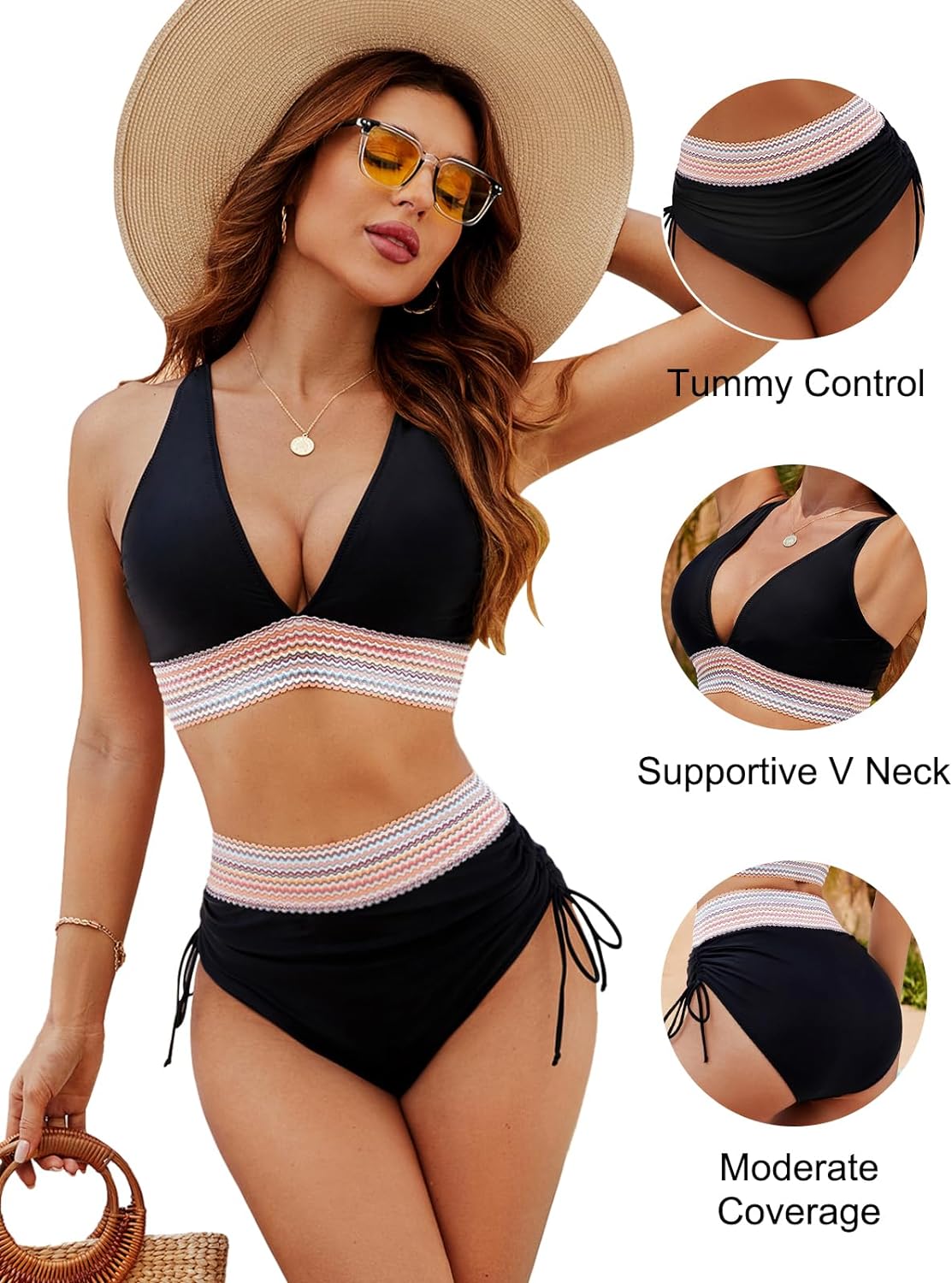 simiswim - High Waisted Tummy Control Color Block Bikini Sets