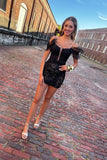 Off the Shoulder Black Sequins Short Homecoming Dress AB100604