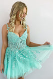 A Line Sweetheart Mint Tulle Short Homecoming Dress with Appliques AB092605