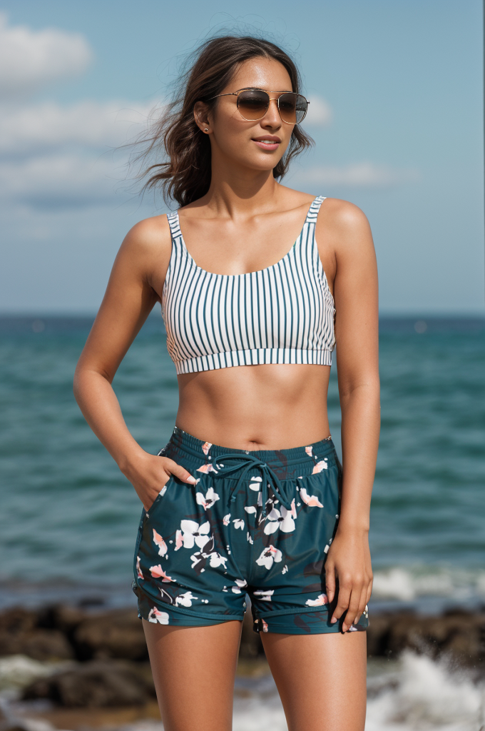 simiswim - Stripes Square Neck Wide Straps Sporty Bikini Top with Boy Short Set