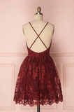 Burgundy V-Neck Lace Short Backless Homecoming Dress N375