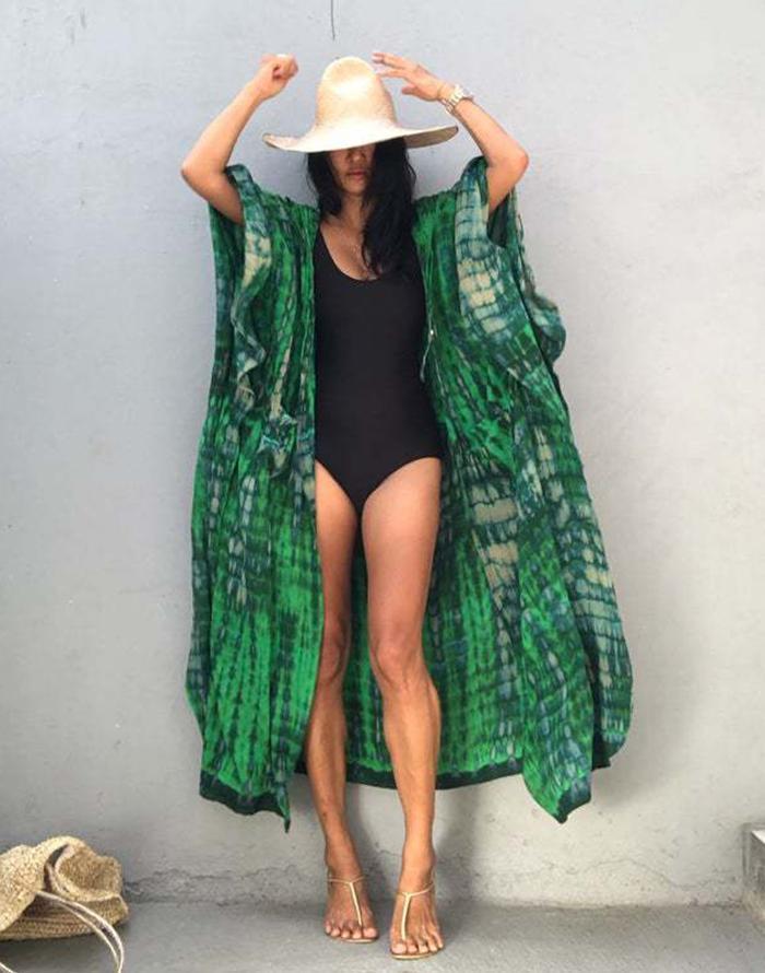 simiswim - Green Hooded Printed Beach Vacation Swimsuit Cover Up