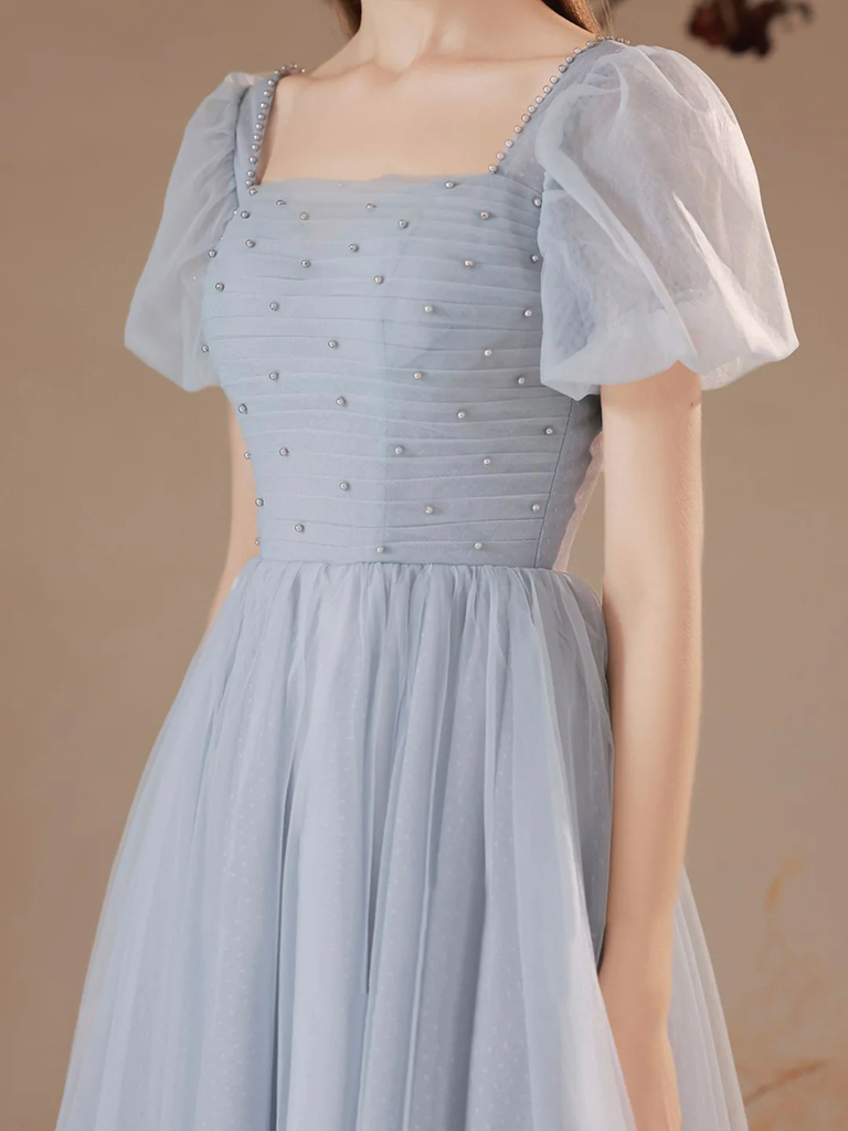 Gray Tulle Pearl Short Sleeve Tea-length Prom Dress Bridesmaid Dress N379