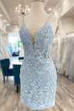 Spaghetti Straps V-neck Blue Homecoming Dress with Appliques VB516