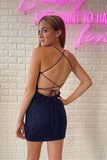 Navy Scoop Neck Lace Short Homecoming Dress with Beading AB092604