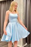 A-Line Spaghetti Straps Blue Graduation Homecoming Dress N372