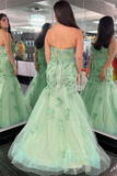 Cute Light Green Strapless Tulle Prom Dress with Appliques