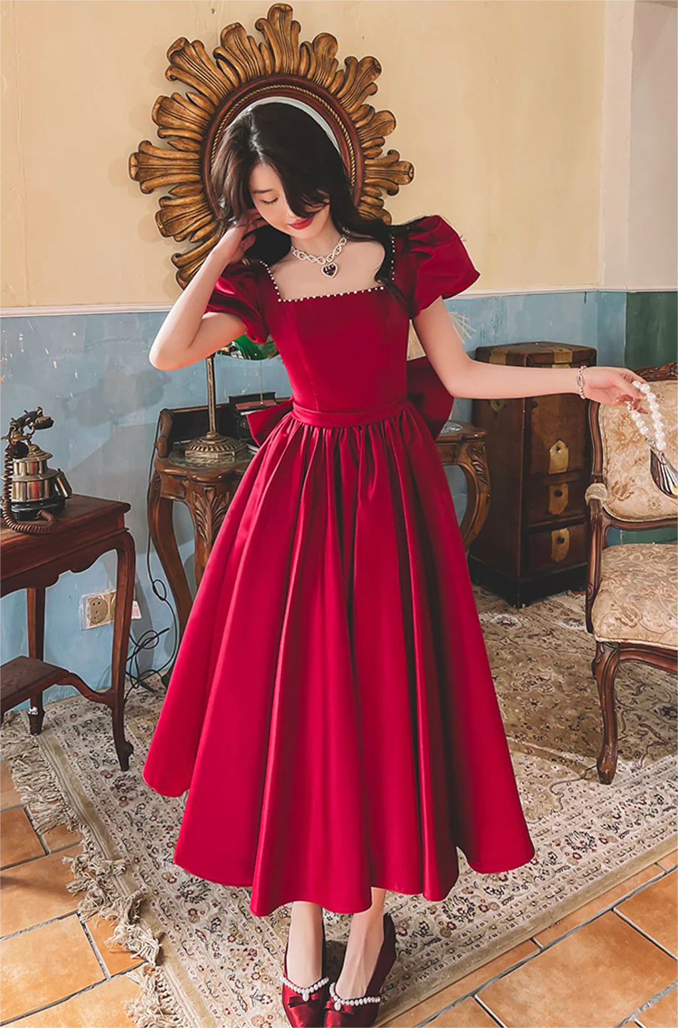 A-Line Satin Short Sleeve Prom Dresses with Bow N382
