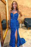 Sparkly Blue Sequin Mermaid Long Prom Dress with Slit