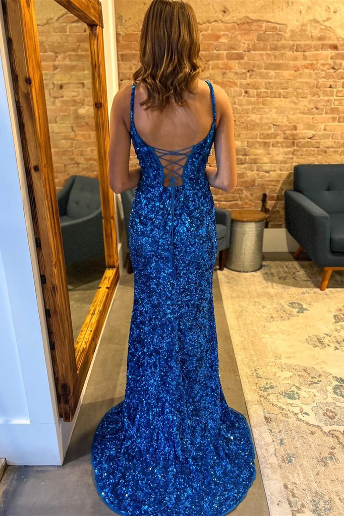 Sparkly Blue Sequin Mermaid Long Prom Dress with Slit
