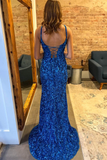 Sparkly Blue Sequin Mermaid Long Prom Dress with Slit