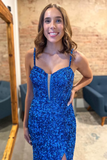 Sparkly Blue Sequin Mermaid Long Prom Dress with Slit