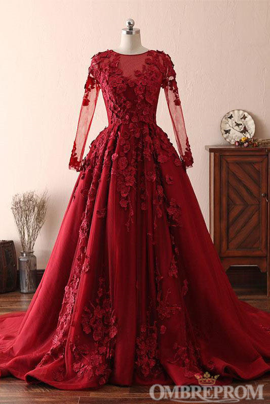 Modest Elegant Burgundy Scoop Neck Long Sleeves  Quinceanera Dresses Appliques