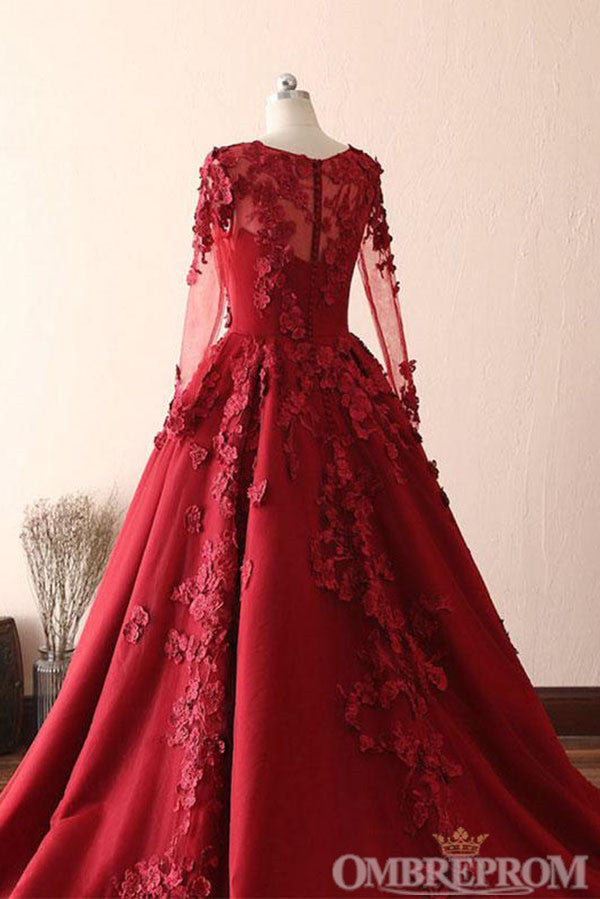 Modest Elegant Burgundy Scoop Neck Long Sleeves  Quinceanera Dresses Appliques