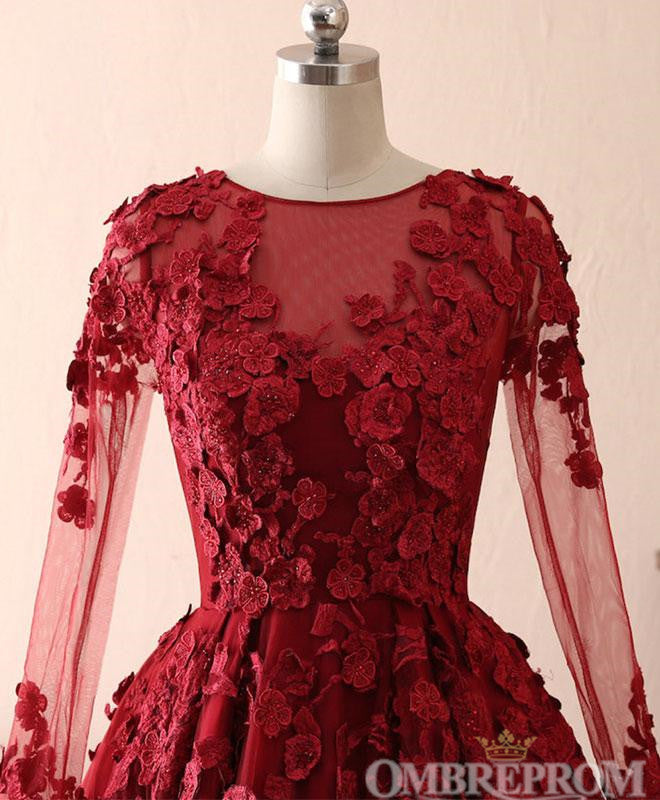 Modest Elegant Burgundy Scoop Neck Long Sleeves  Quinceanera Dresses Appliques