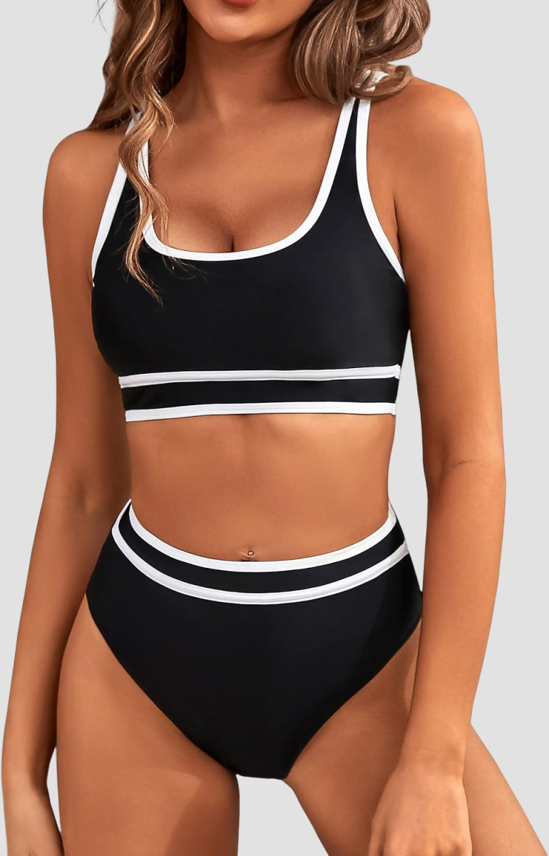 simiswim - Women's High Waisted Bikini Sets Sporty Two Piece Swimsuits Color Block Cheeky High Cut Bathing Suits