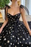 Black A-Line Sweetheart Tulle Prom Dress with Gold Stars N381