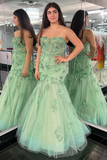 Cute Light Green Strapless Tulle Prom Dress with Appliques