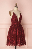 Burgundy V-Neck Lace Short Backless Homecoming Dress N375