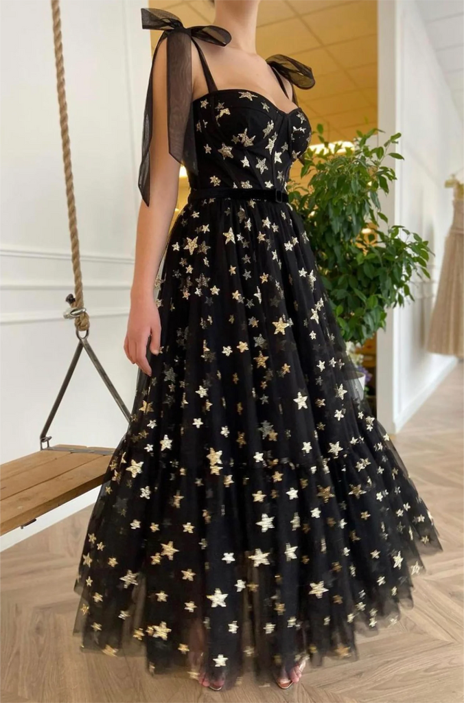 Black A-Line Sweetheart Tulle Prom Dress with Gold Stars N381