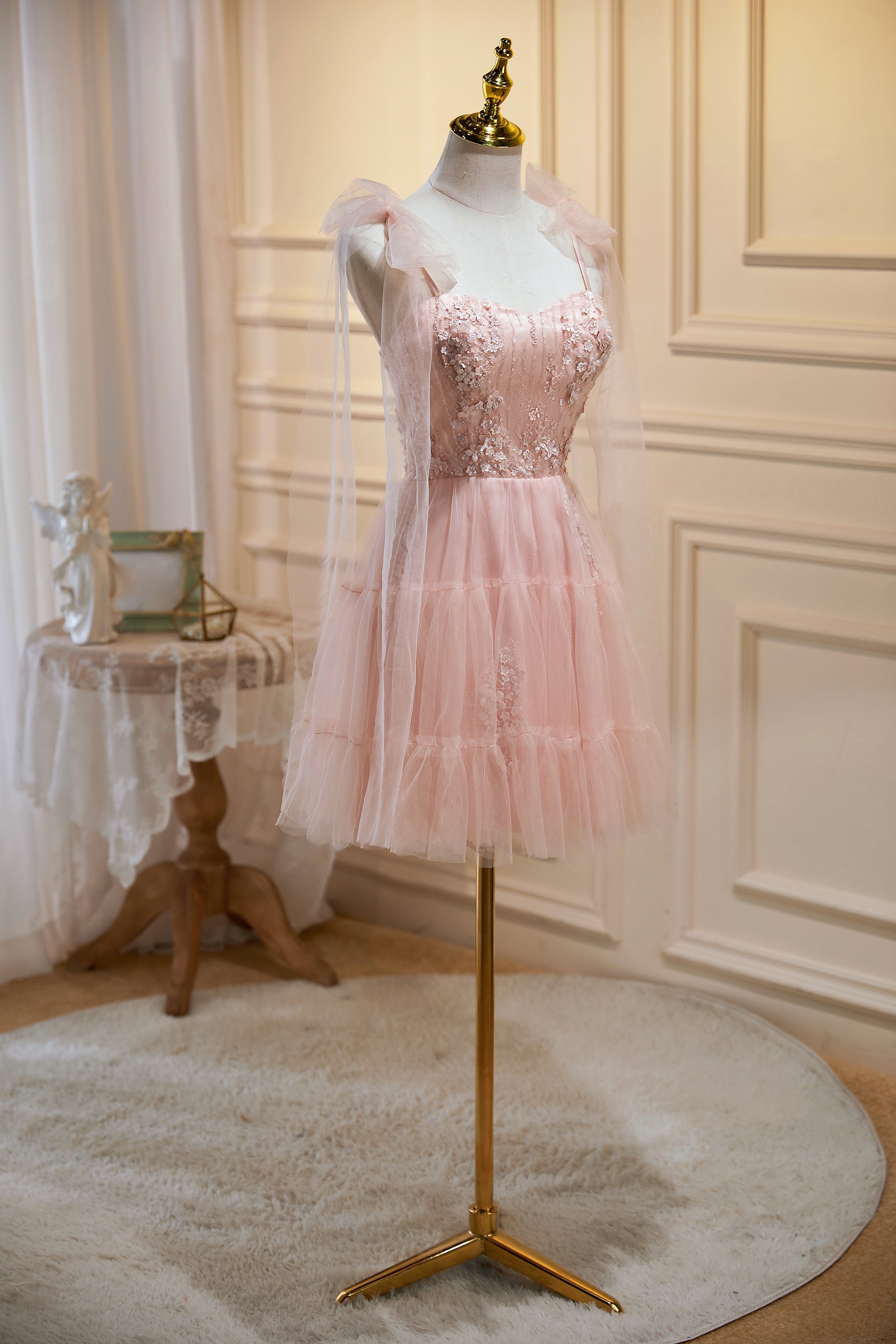 Spaghetti Straps Tulle Homecoming Dress with Flowers LJ0548