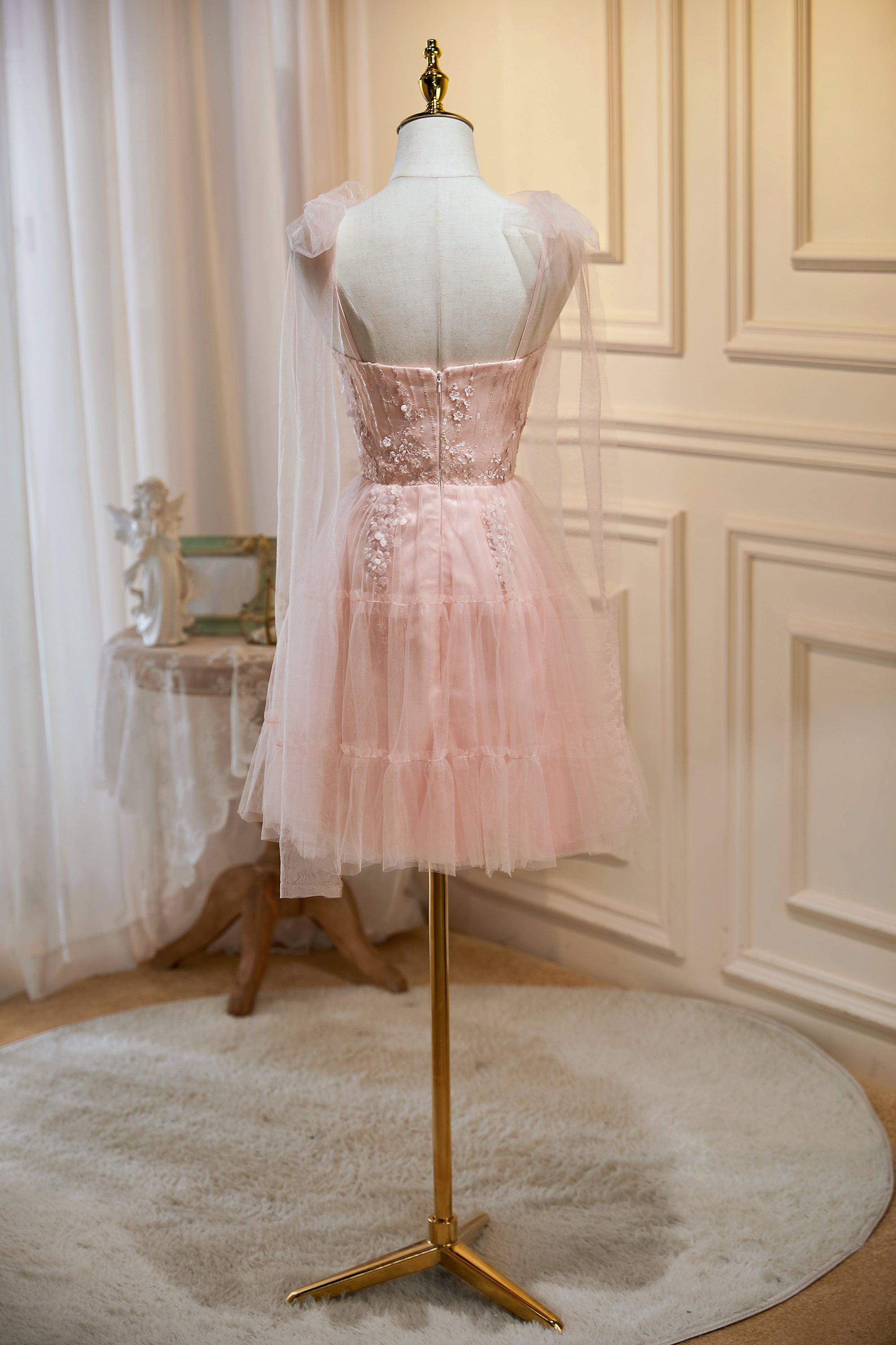 Spaghetti Straps Tulle Homecoming Dress with Flowers LJ0548