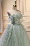 Light Green Off-the-shoulder Tulle Long Prom Dress LJ0566