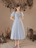 Gray Tulle Pearl Short Sleeve Tea-length Prom Dress Bridesmaid Dress N379