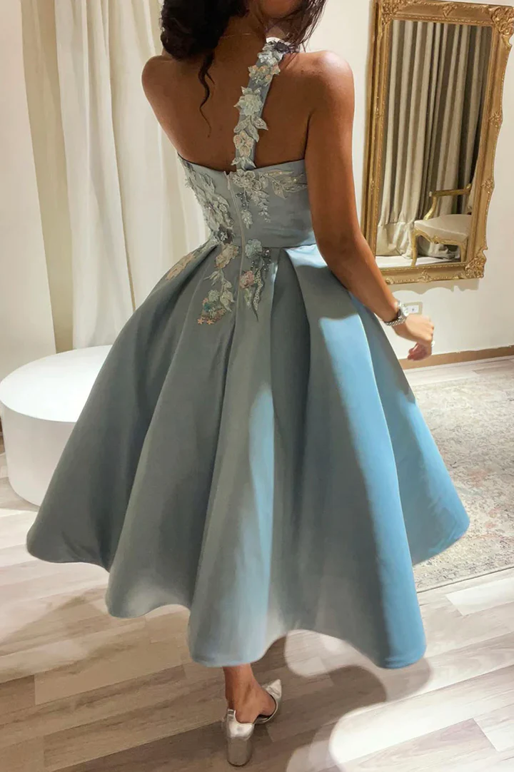 One Shoulder Satin Homecoming Dress with Floral Appliques N374