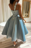 One Shoulder Satin Homecoming Dress with Floral Appliques N374
