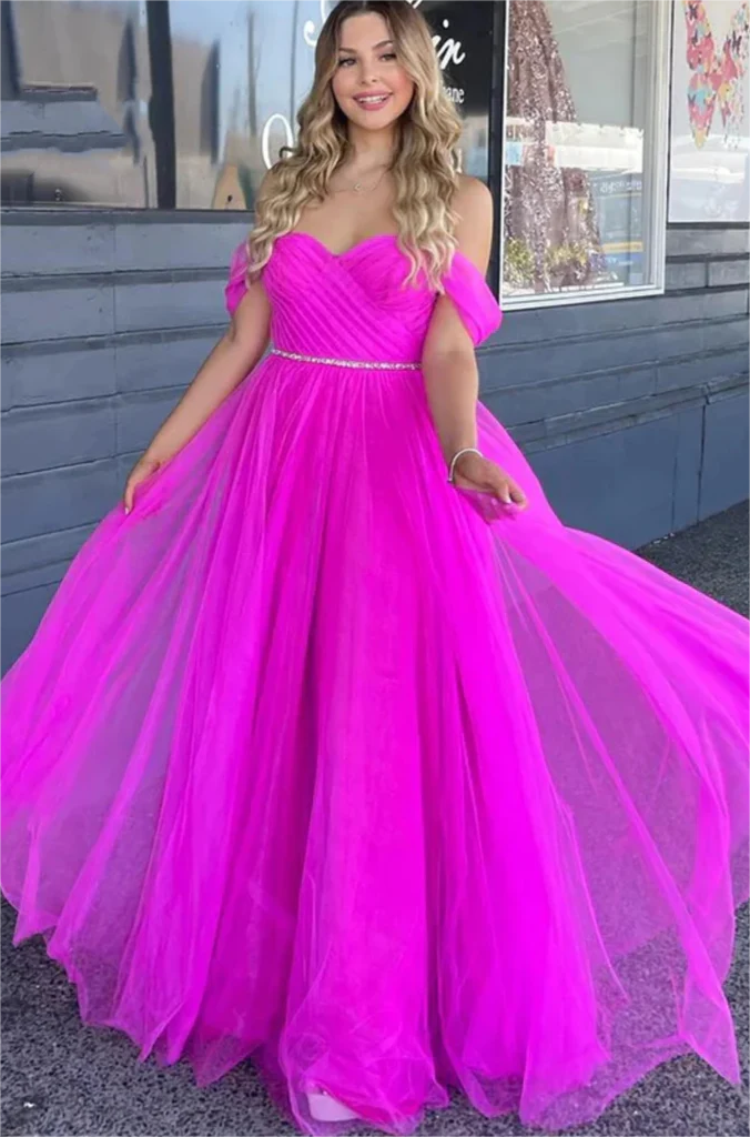 Off-the-shoulder Fuchsia Tulle Long Prom Dresses with Belt N358