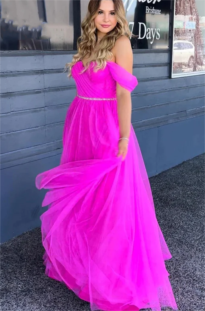 Off-the-shoulder Fuchsia Tulle Long Prom Dresses with Belt N358