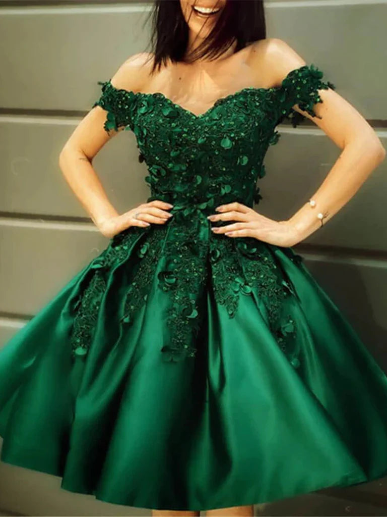 Off-the-shoulder Green Satin Homecoming Dresses N346