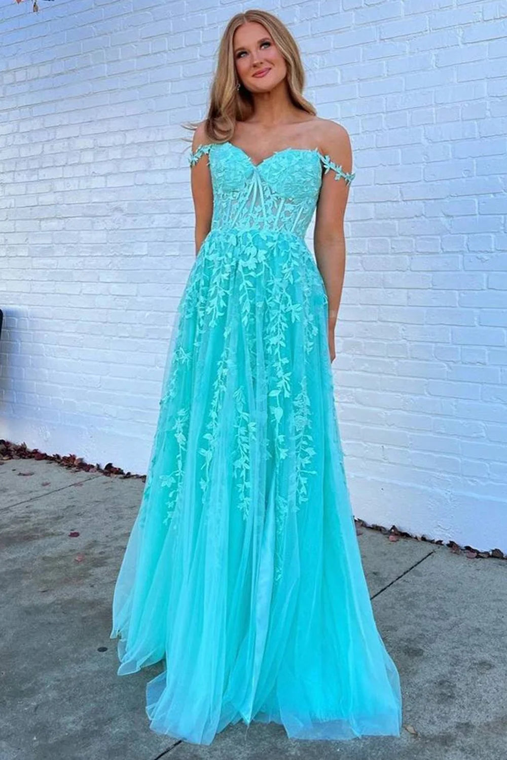 Off the Shoulder Lace Appliques Long Prom Dress
