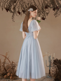 Gray Tulle Pearl Short Sleeve Tea-length Prom Dress Bridesmaid Dress N379