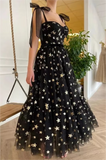 Black A-Line Sweetheart Tulle Prom Dress with Gold Stars N381
