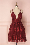 Burgundy V-Neck Lace Short Backless Homecoming Dress N375