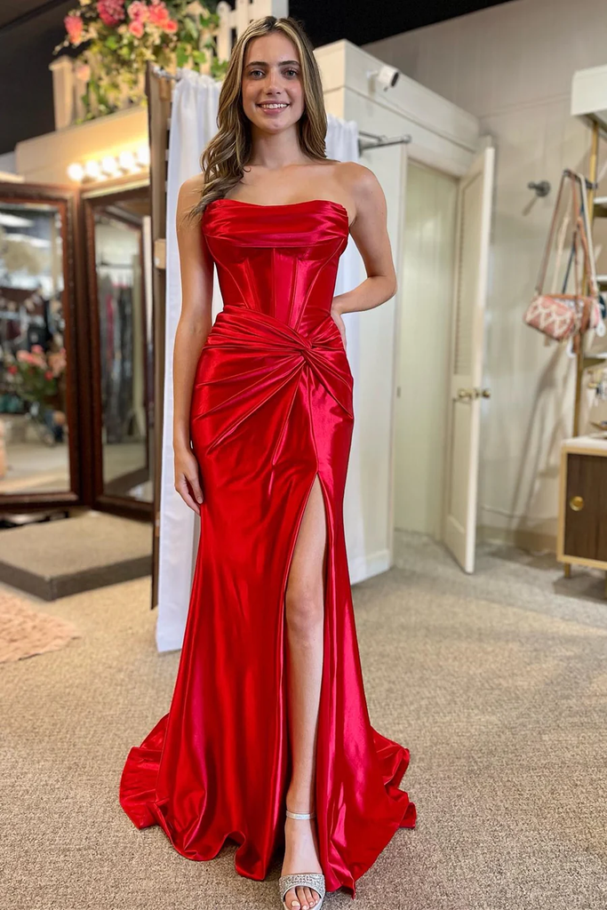 Red Strapless Mermaid Satin Long Dress with Slit
