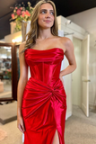 Red Strapless Mermaid Satin Long Dress with Slit